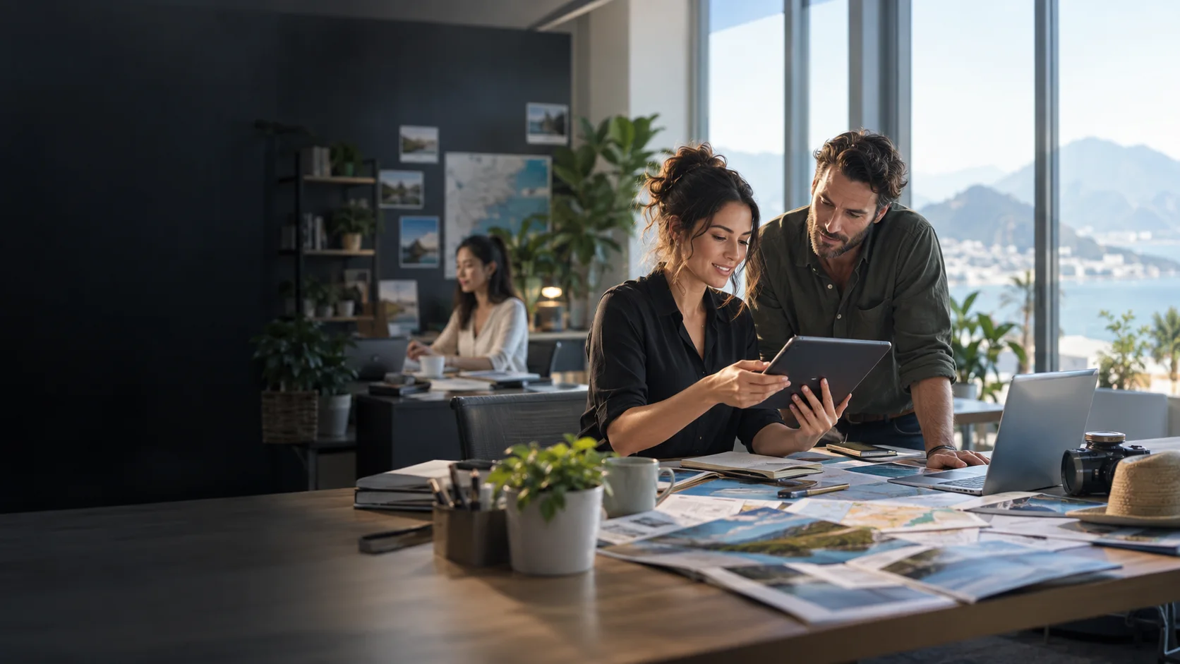 A travel operations team coordinating upcoming tours in a modern office