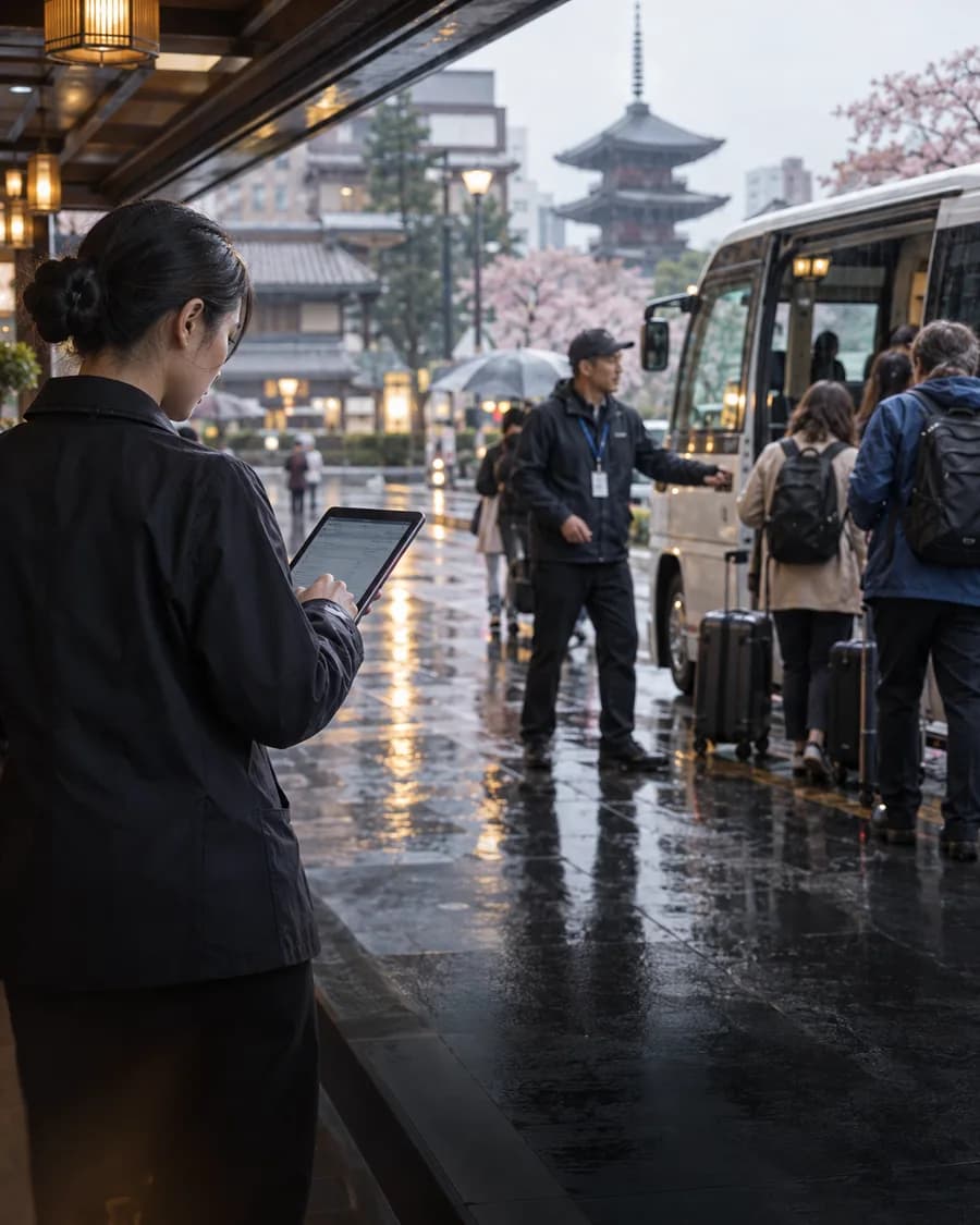 A travel operator reviews an updated itinerary at a rainy pickup point