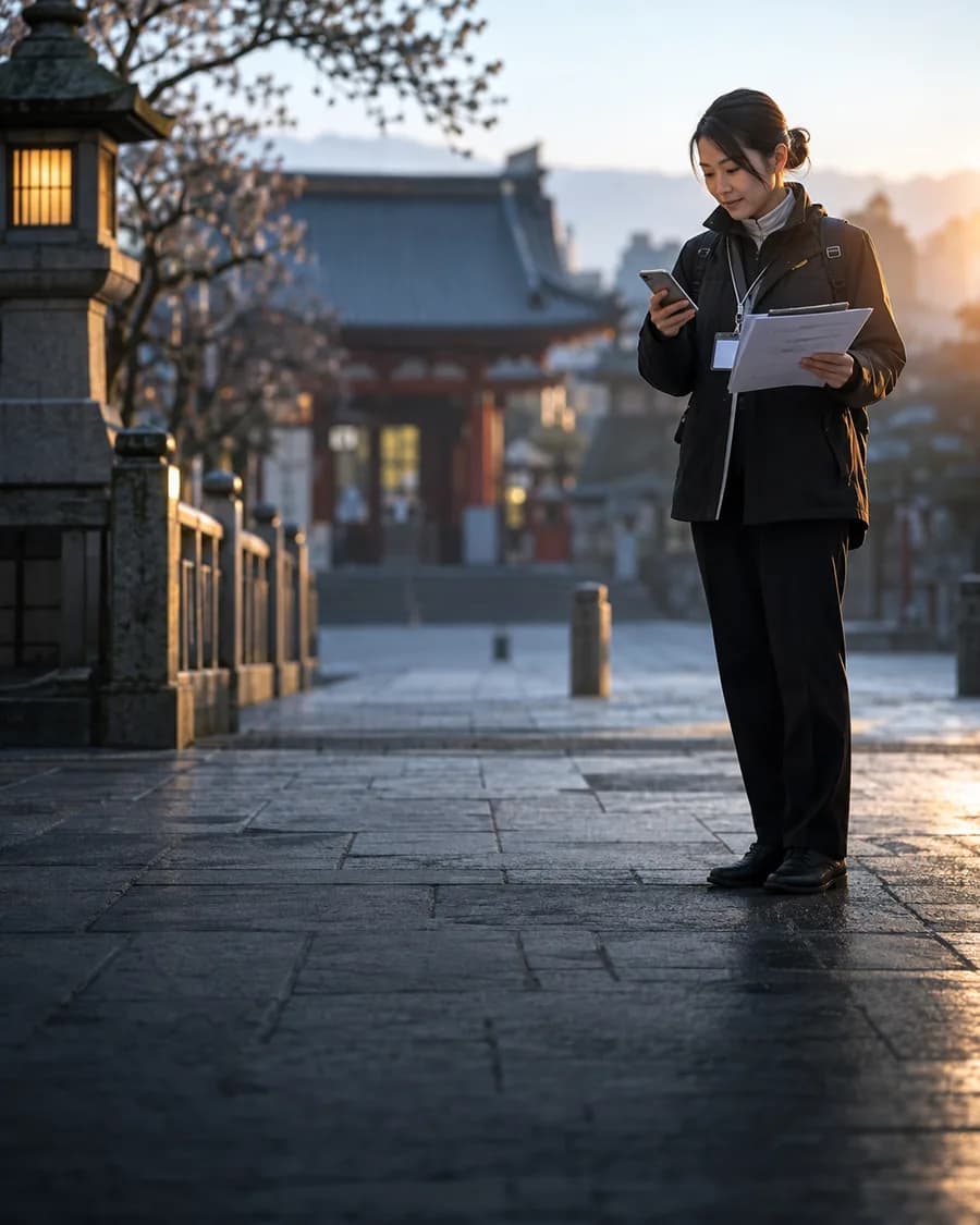 A local guide checks booking details at a quiet morning meeting point