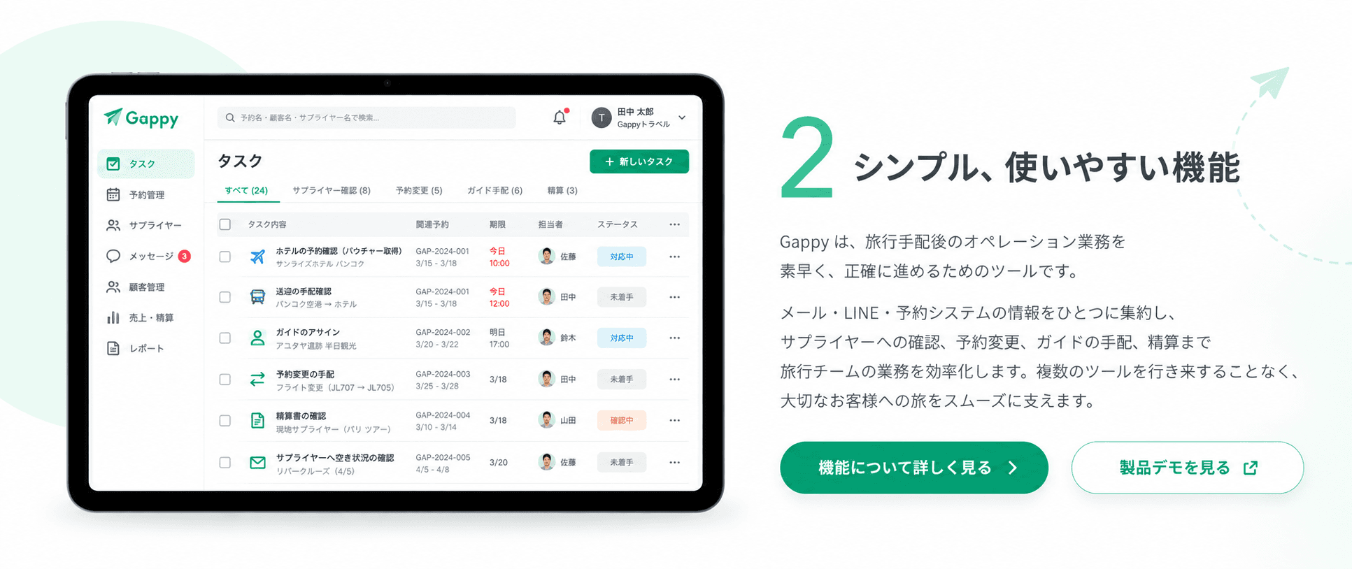予約確認・送迎・ガイド手配などのタスクを一覧で確認する画面イメージ